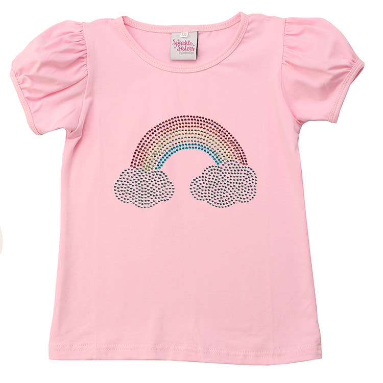 Sparkle Sisters by Couture Clips - Studded Rainbow Puff Sleeve Tee: White / 6