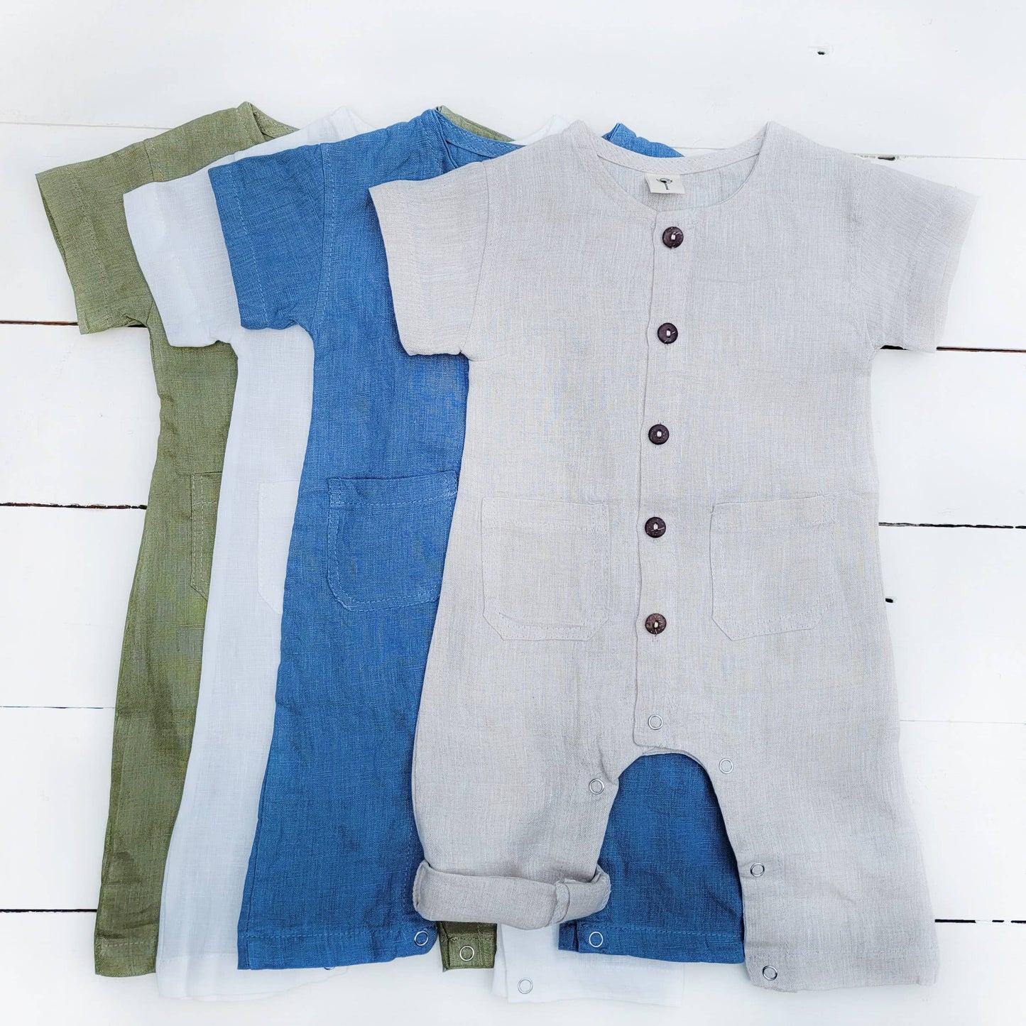 Linen Romper Jumpsuit Button Front: Natural Oatmeal