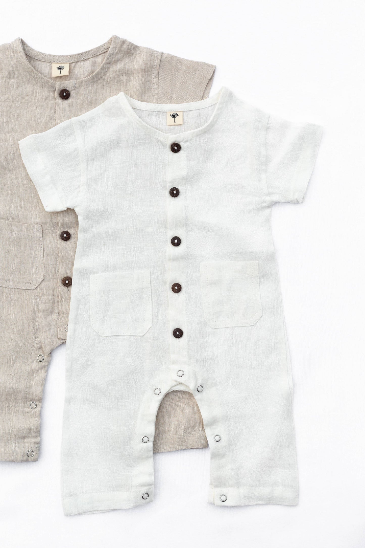 Linen Romper Jumpsuit Button Front: Natural Oatmeal