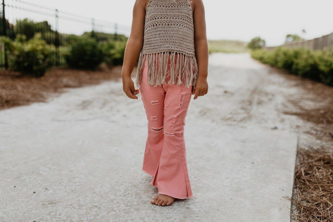 Kids Pink Distressed Denim Jean Flare Pants