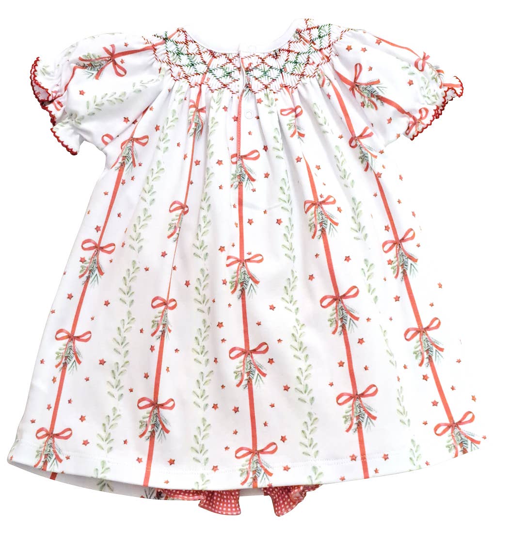 Marco and Lizzy - Christmas bows and Mistletoe Hand Smocked girl's bishop: 18m