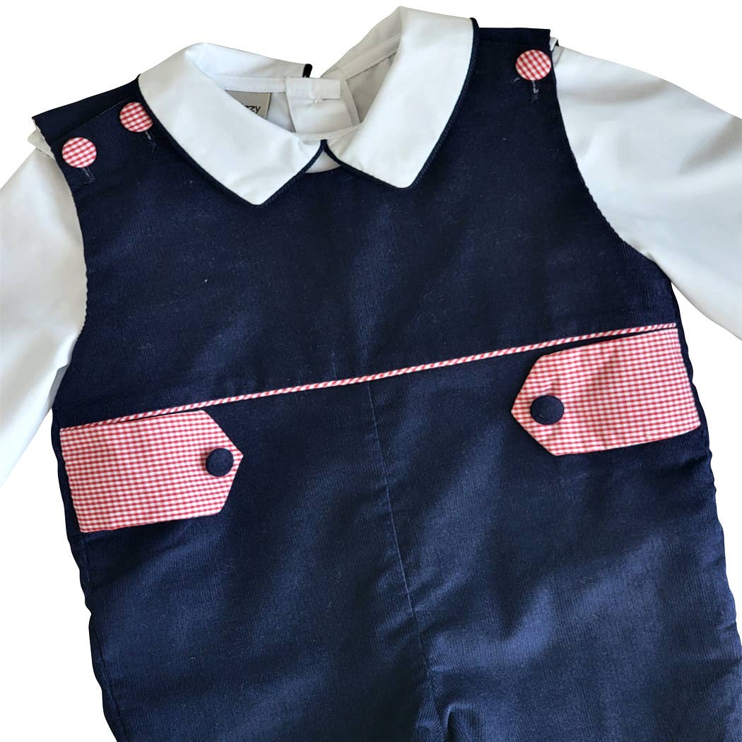 Marco and Lizzy - Cherries Red and Navy Blue Corduroy boy 2 piece overall set: 2T