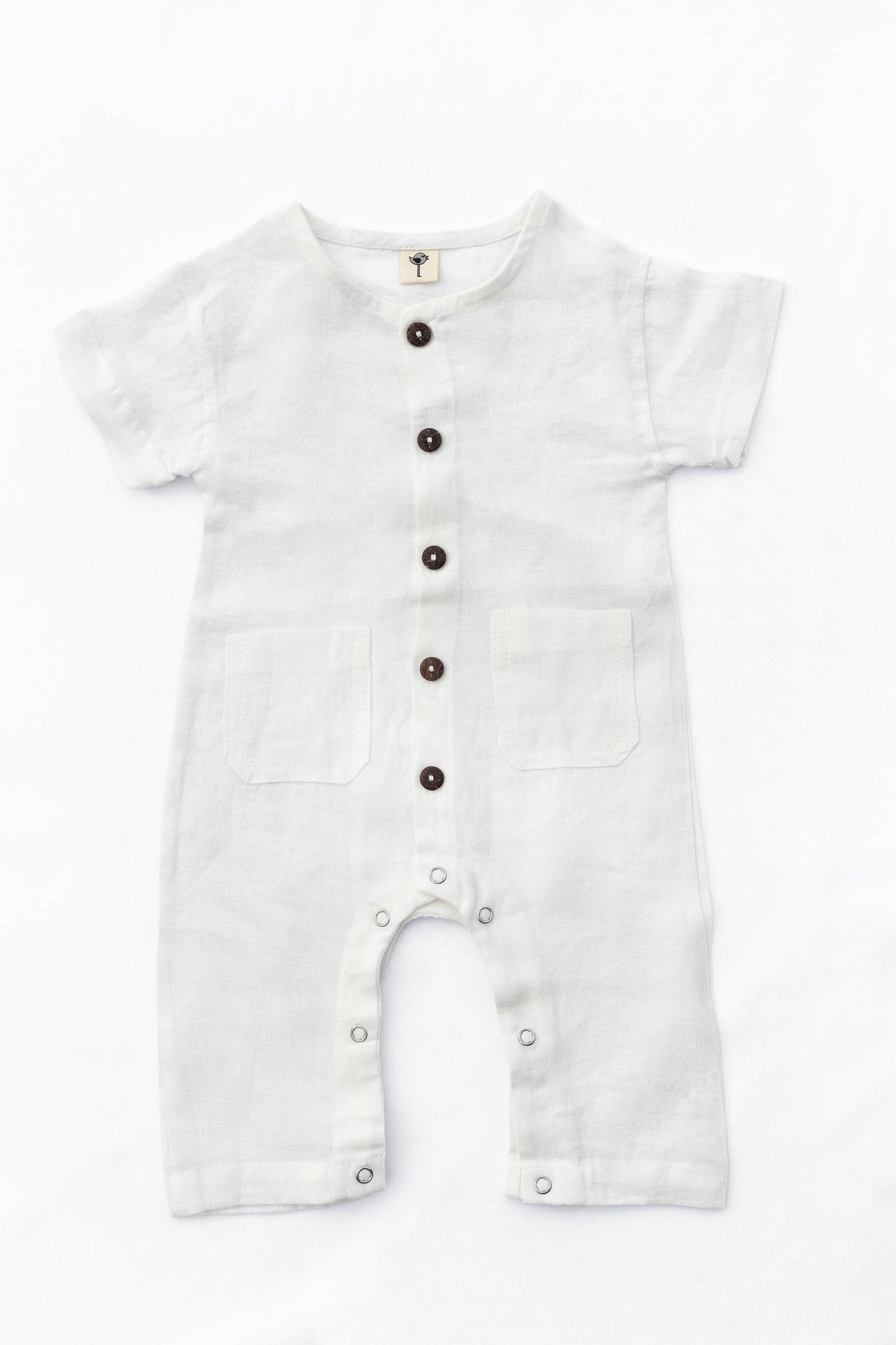 Linen Romper Jumpsuit Button Front: Beach White