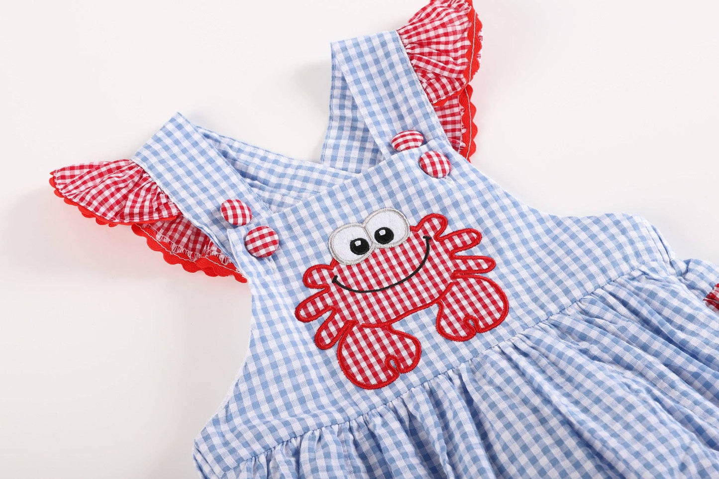 Blue Gingham Crab Ruffle Romper