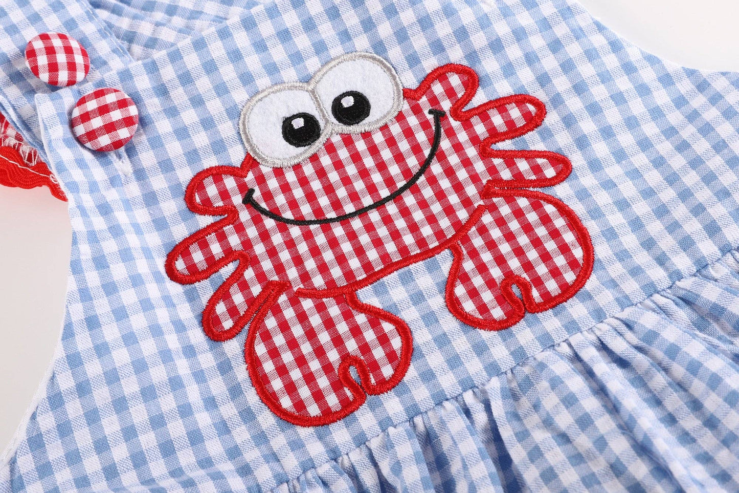 Blue Gingham Crab Ruffle Romper