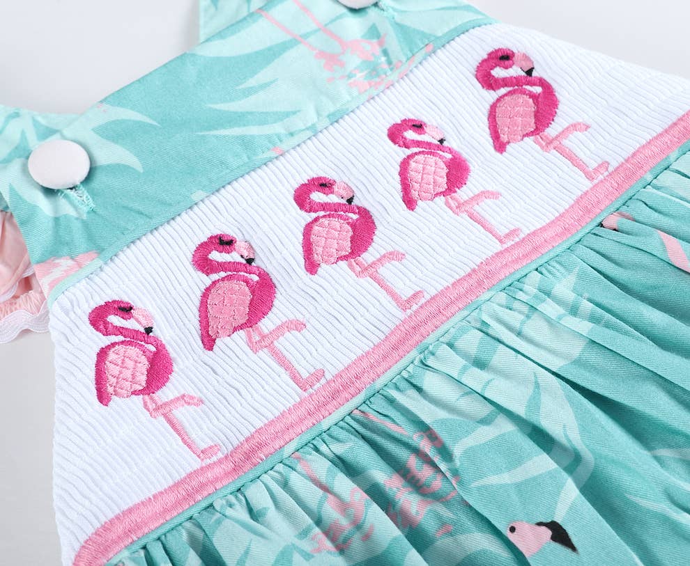 Turquoise Print Smocked Flamingo Romper