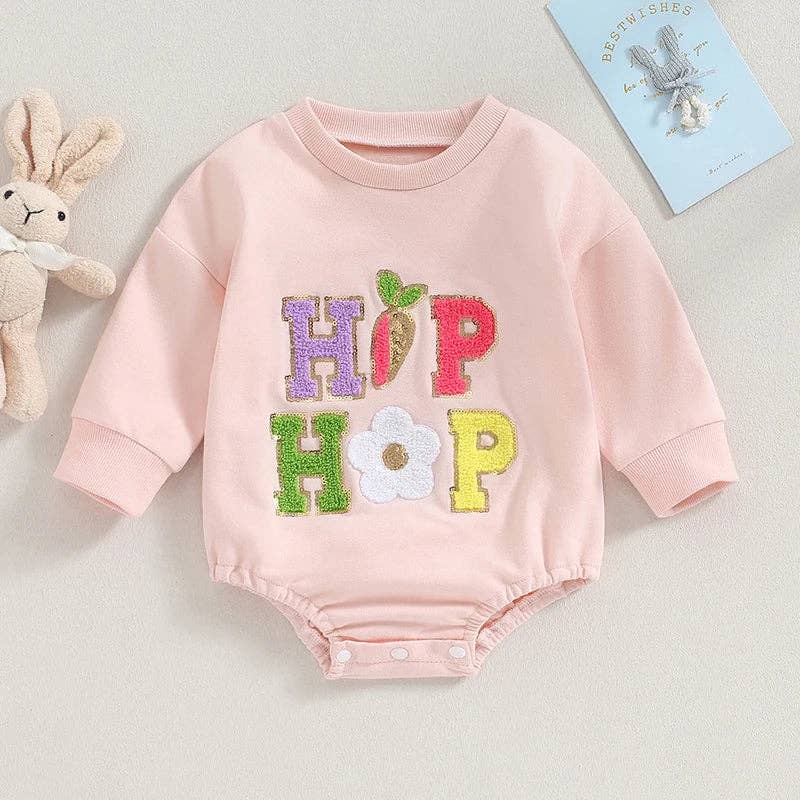 Infant Girl's Easter Deluxe Onesie Romper - Hip Hop - Chenille Fuzzy Letters