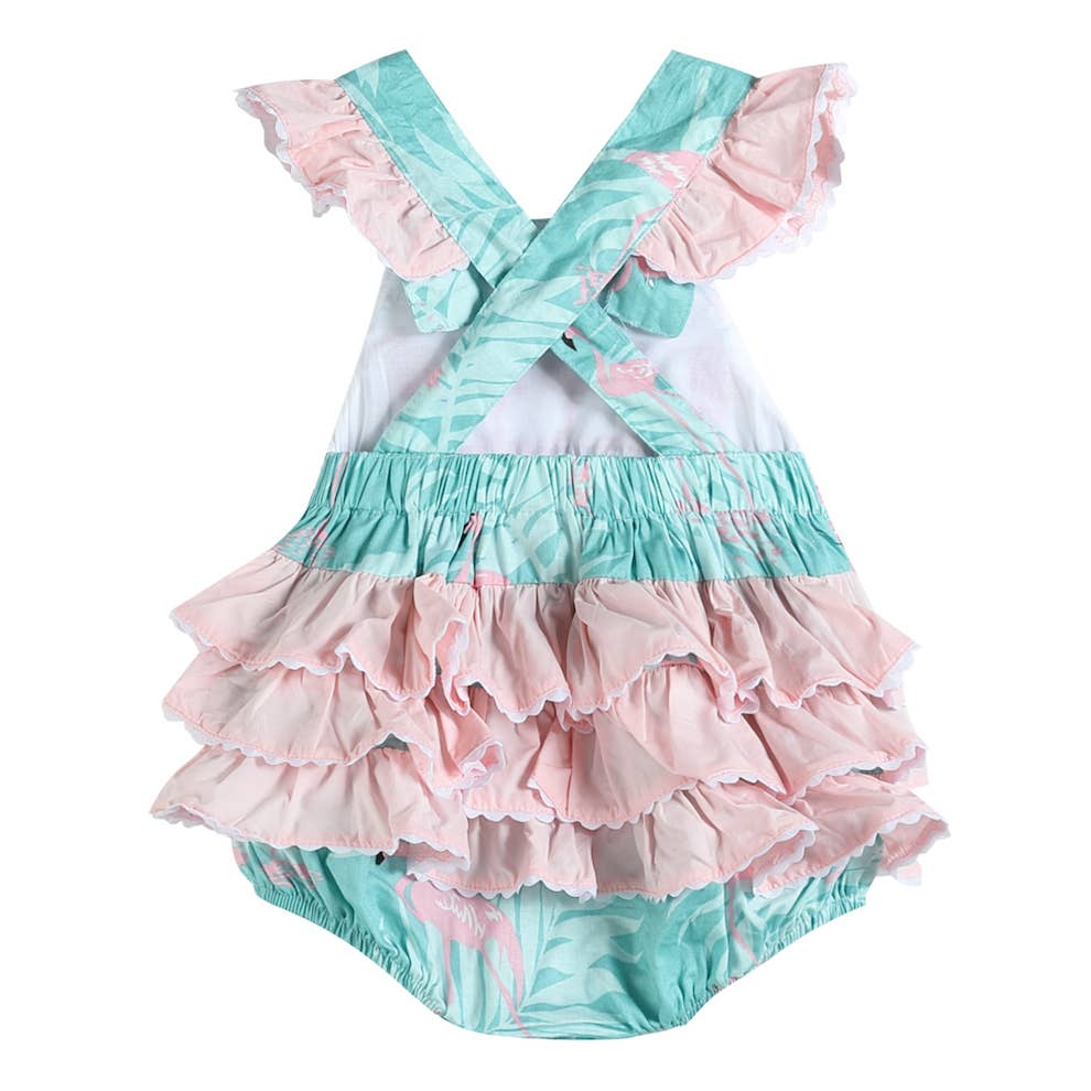 Turquoise Print Smocked Flamingo Romper