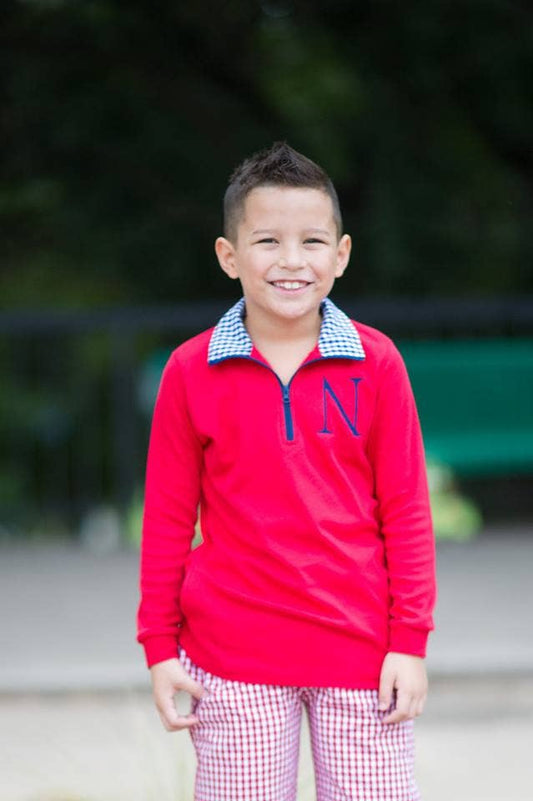 Love That Cotton - Red with Navy Gingham Pullover: 2t