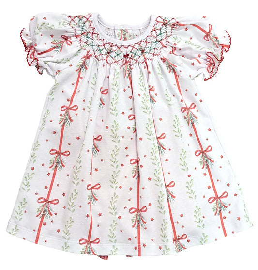 Marco and Lizzy - Christmas bows and Mistletoe Hand Smocked girl's bishop: 18m