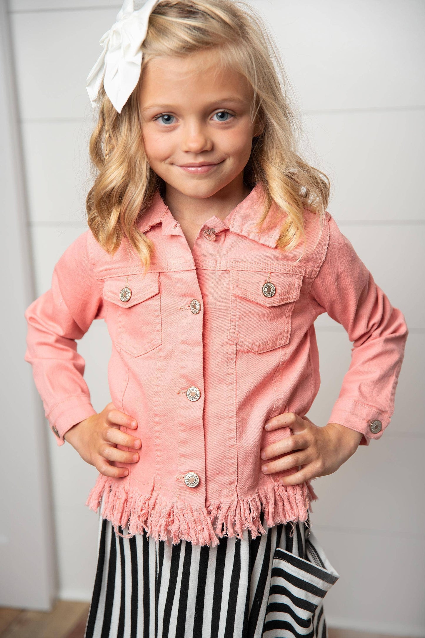 Kids Pink Denim Fringe Jacket