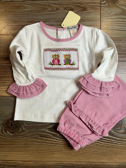 Classy Couture Smocked Owl Ruffle Pant Set