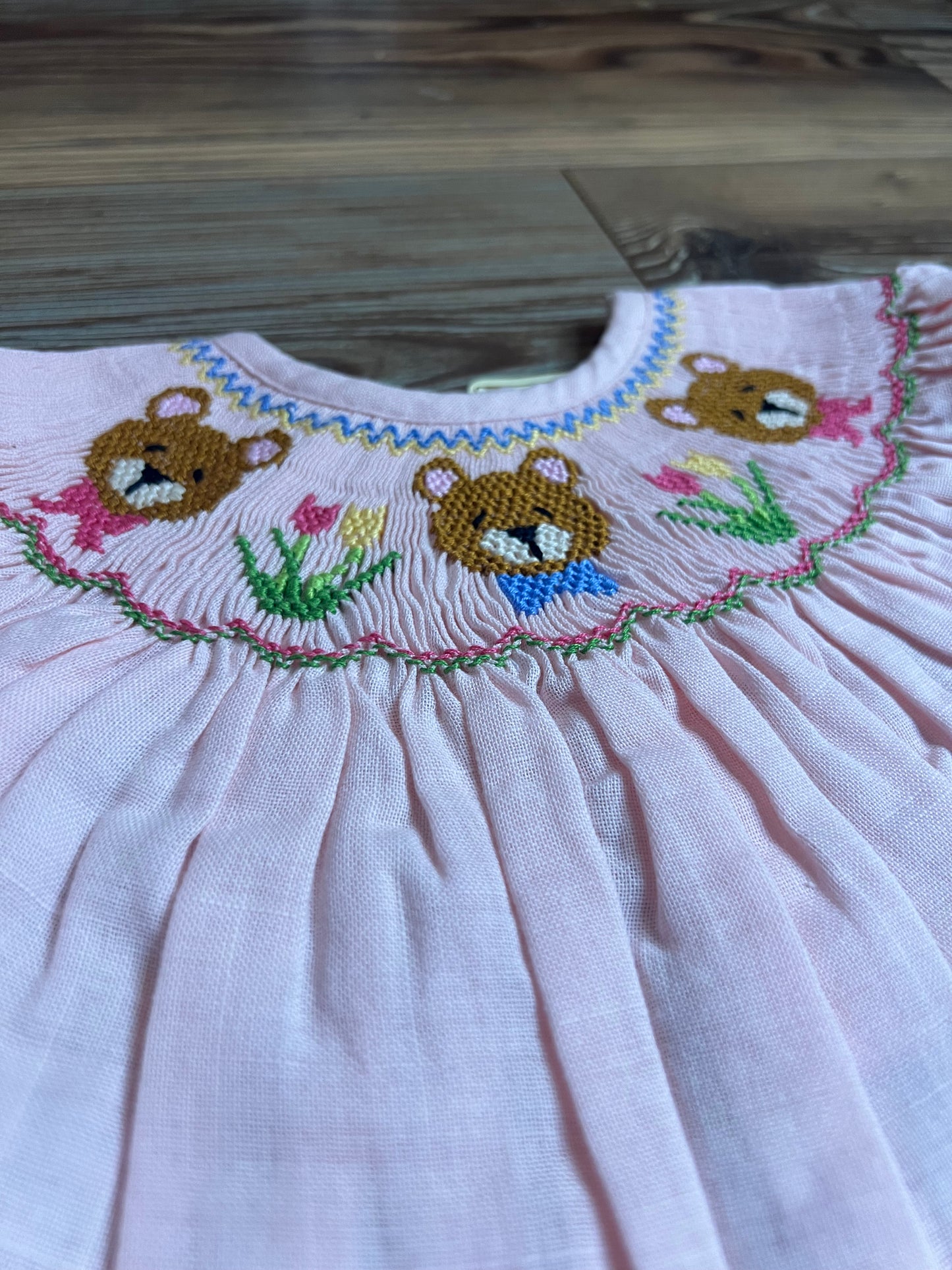 Classy Couture Smocked Linen Bear Bishop Dress