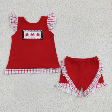 Embroidered Crab Red Ruffle Short Set