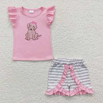 Dog Embroidered Ruffle Short Set