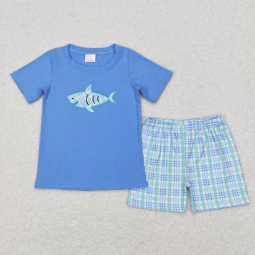 Plaid Shark Embroidered Short Set