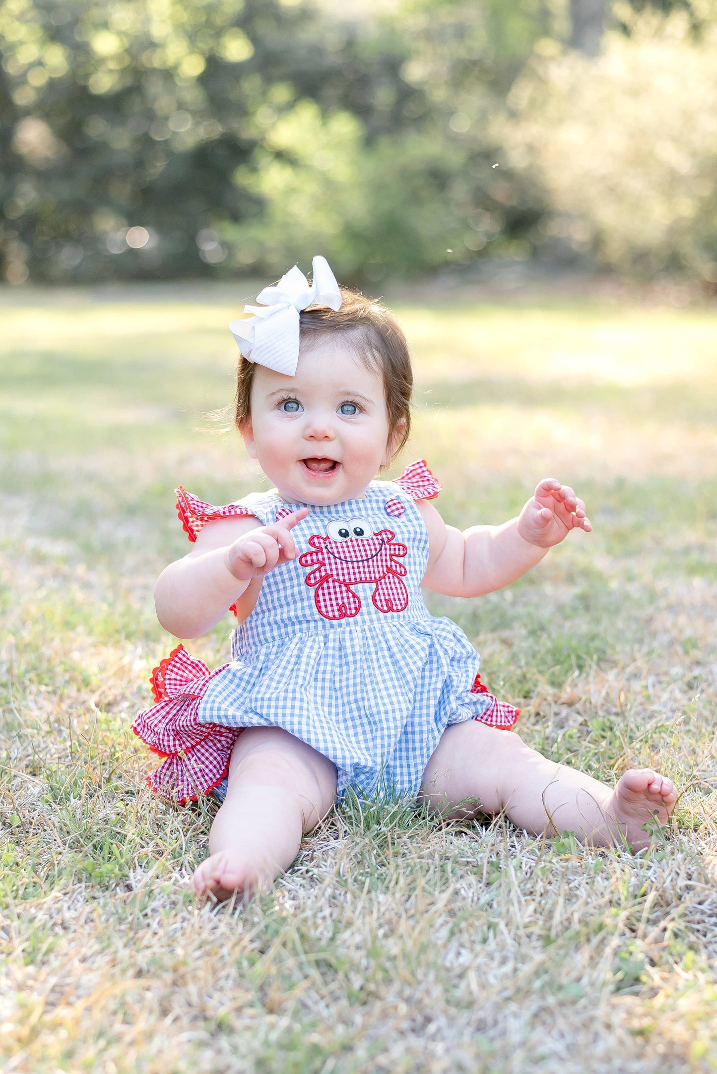 Blue Gingham Crab Ruffle Romper