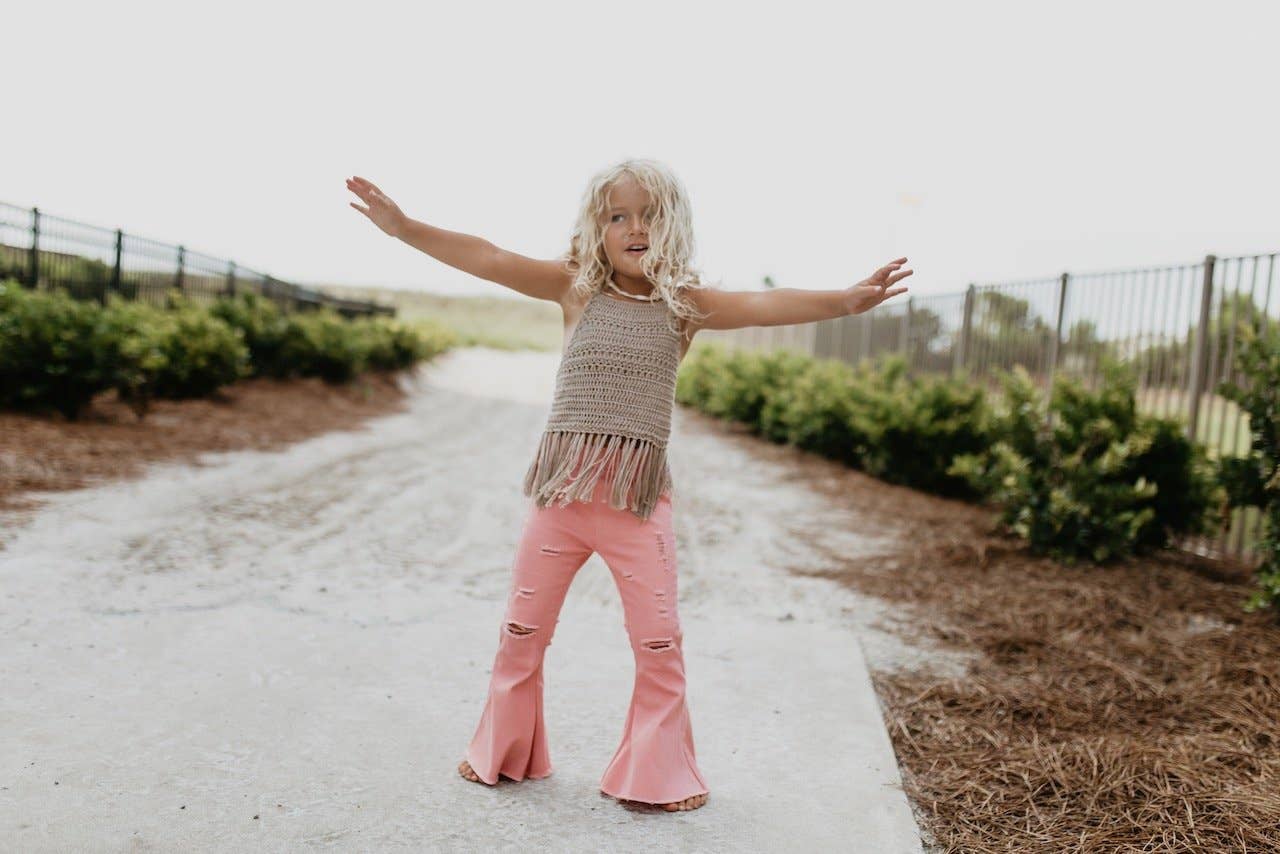 Kids Pink Distressed Denim Jean Flare Pants