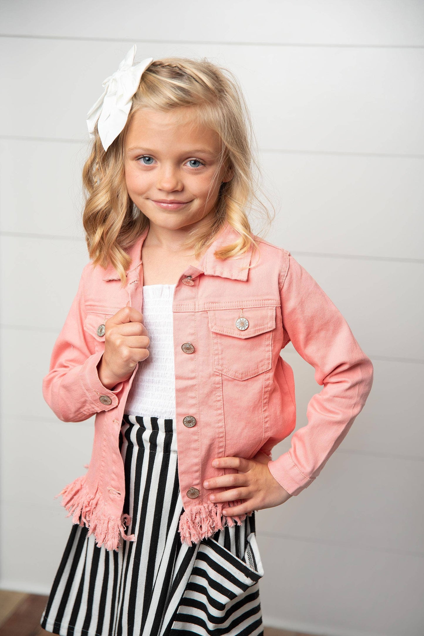 Kids Pink Denim Fringe Jacket