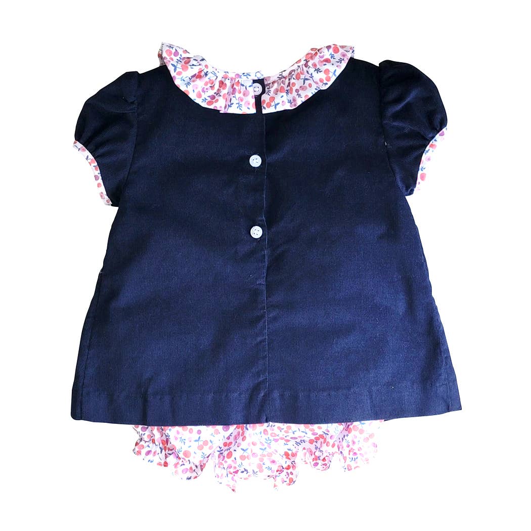 Marco and Lizzy - Cherries Floral collar Navy Blue Corduroy Girl diaper set: 12m