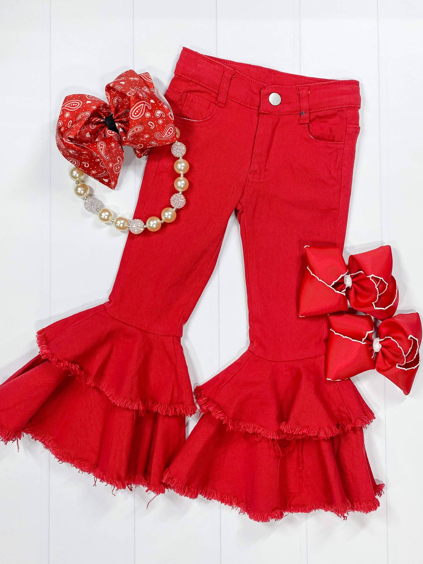 Red Frayed Double Bell Bottom Jeans