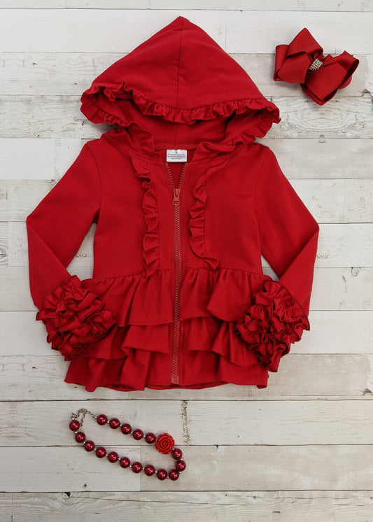 Red Ruffled Hoodie Jacket