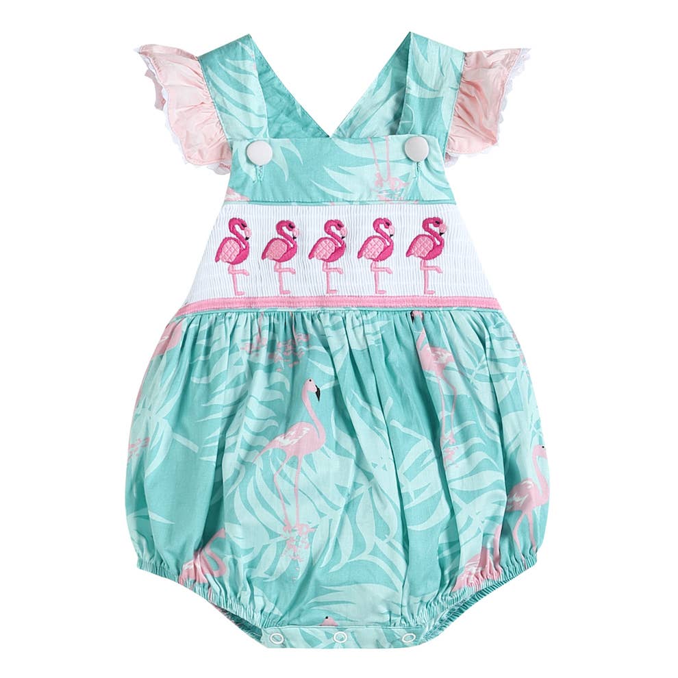 Turquoise Print Smocked Flamingo Romper