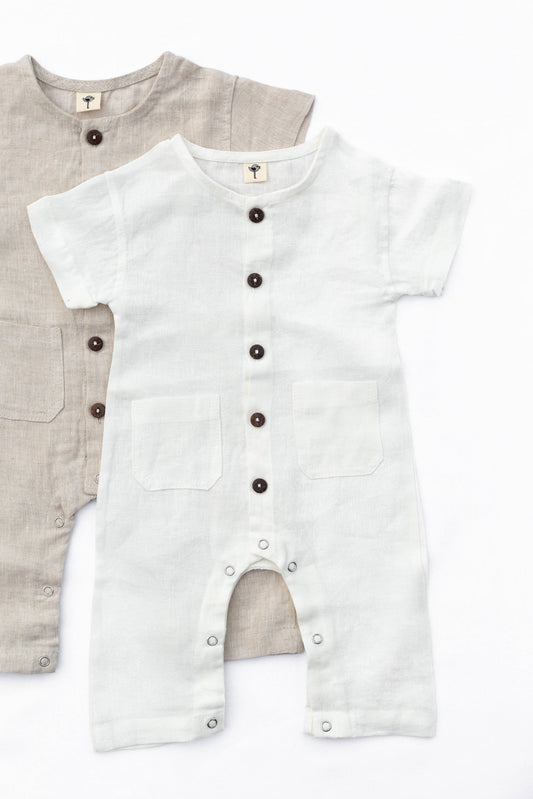 Linen Romper Jumpsuit Button Front: Beach White