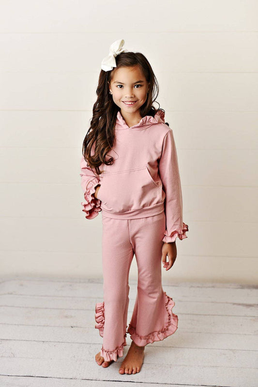 Kids Dusty Pink Hooded Ruffle Pocket Set