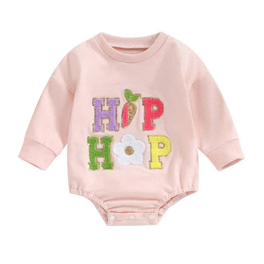 Infant Girl's Easter Deluxe Onesie Romper - Hip Hop - Chenille Fuzzy Letters