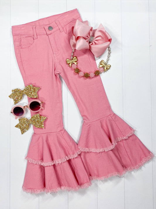 The Hair Bow Company - Pink Frayed Double Bell Bottom Jeans: 3T