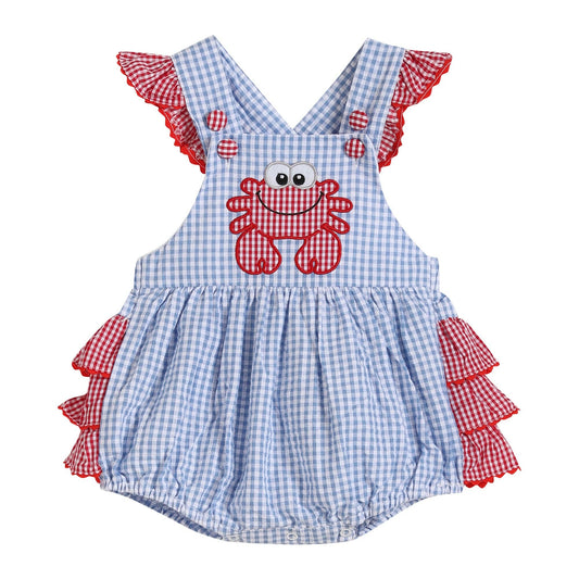 Blue Gingham Crab Ruffle Romper