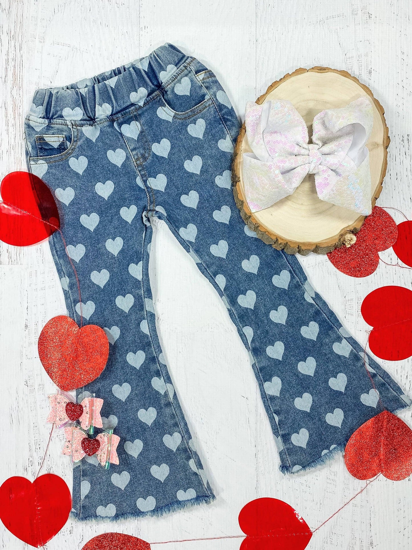 The Hair Bow Company - Heart Print Bell Bottom Jeans: 6y