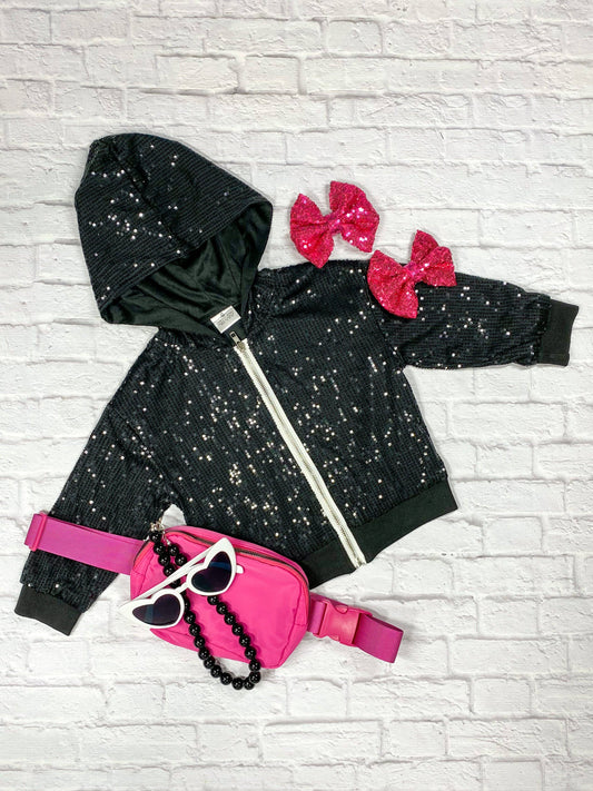 Black Sequin Zip Up Hooded Jacket