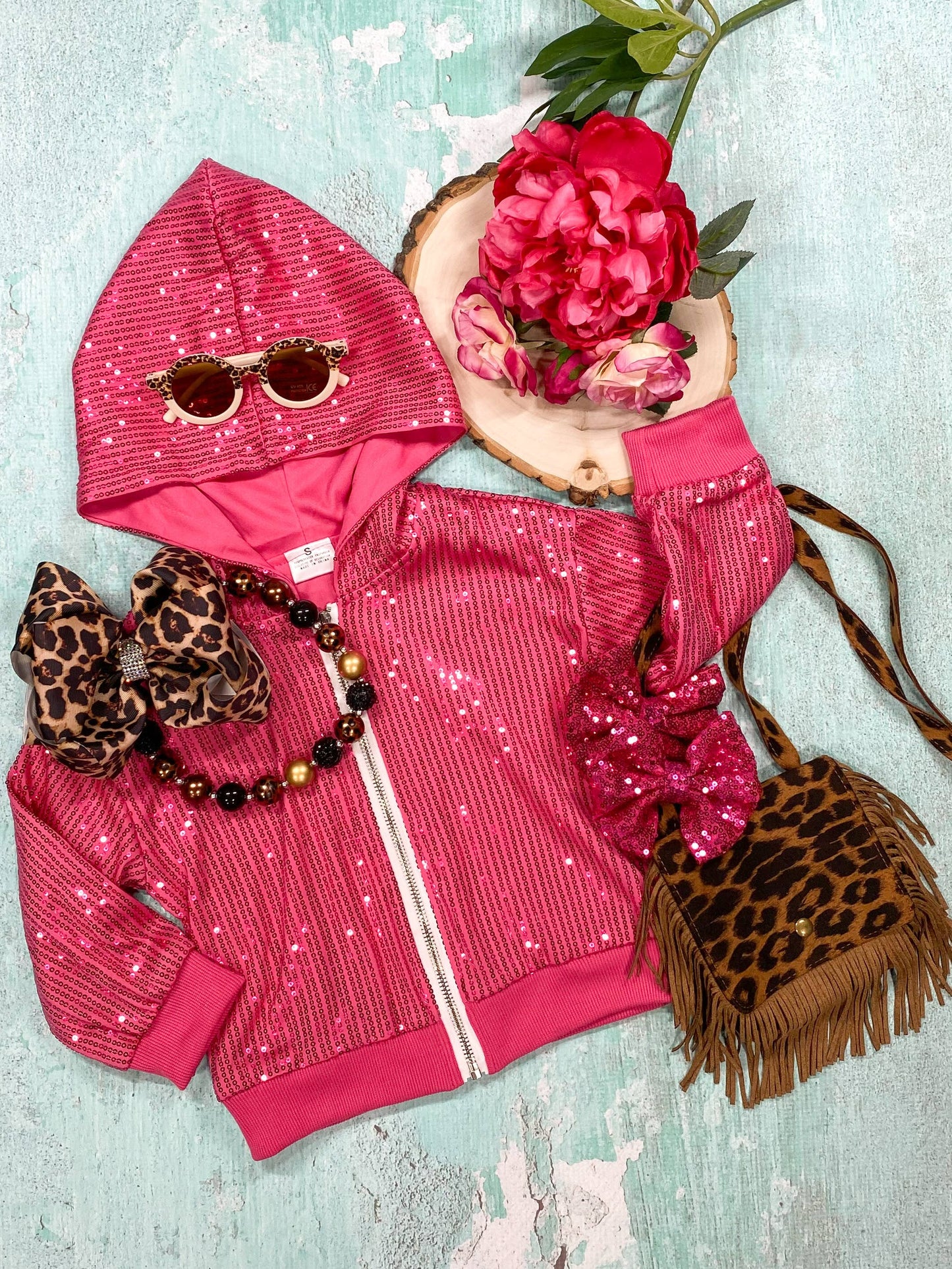 Pink Sequin Zip Up Hooded Jacket