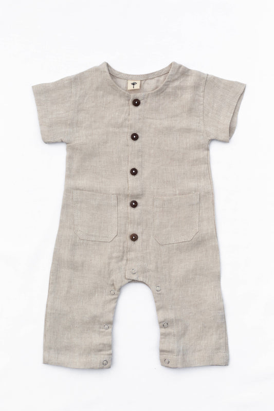 Linen Romper Jumpsuit Button Front: Natural Oatmeal